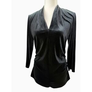Vince Camuto Womens M Black Velour Ruched Side V Neck 3/4 Sleeve Tunic Top Party